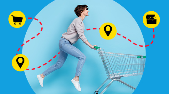 Person pushing a shopping cart following map markers