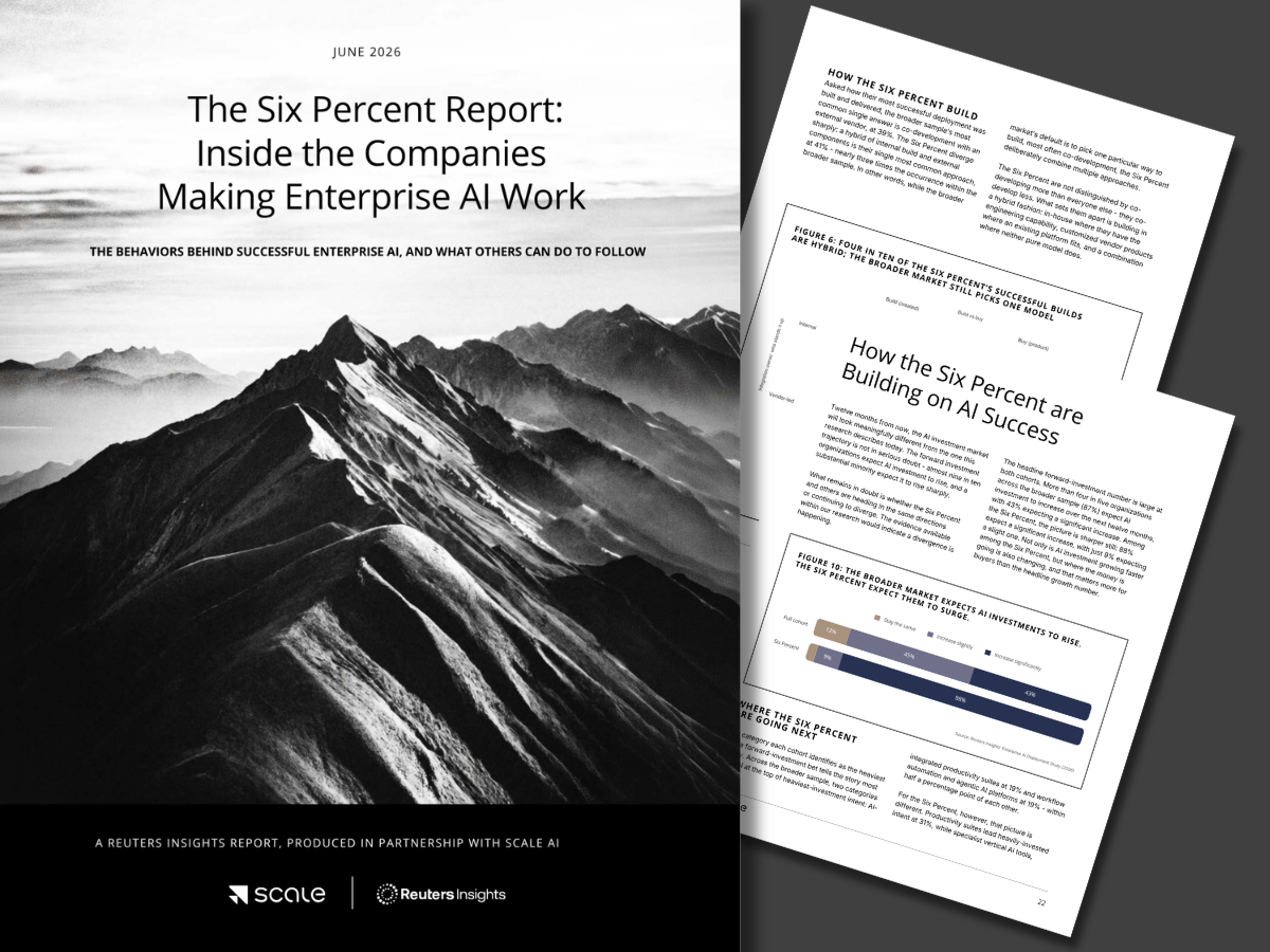 Reuters Insights and Scale AI Report cover showing the title The Six Percent Report: Inside the Companies Making Enterprise AI Work on a black background with a mountain image in the center