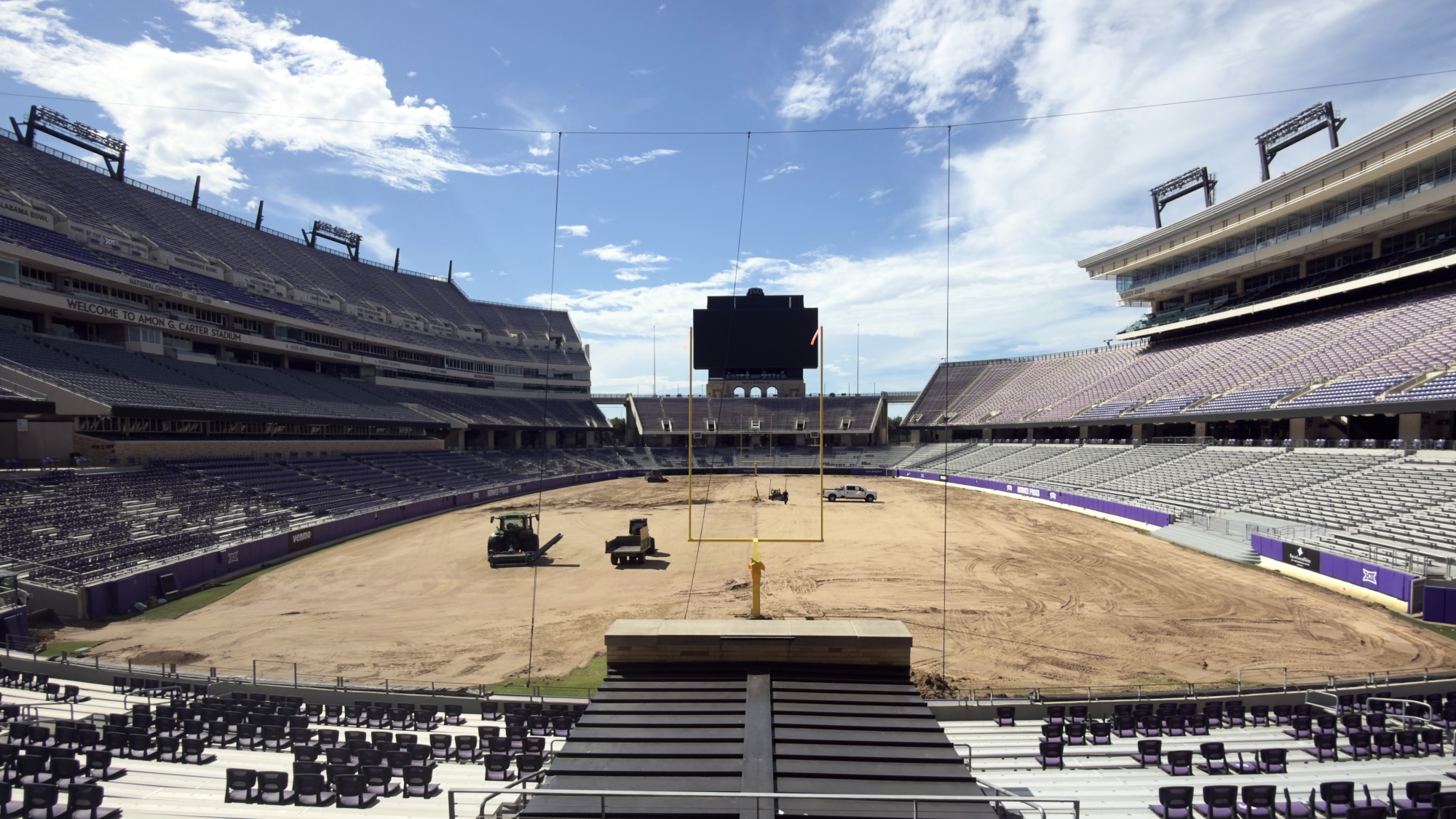 A picture of the playing area inside Amon G Carter Stadium during turf replacement work.