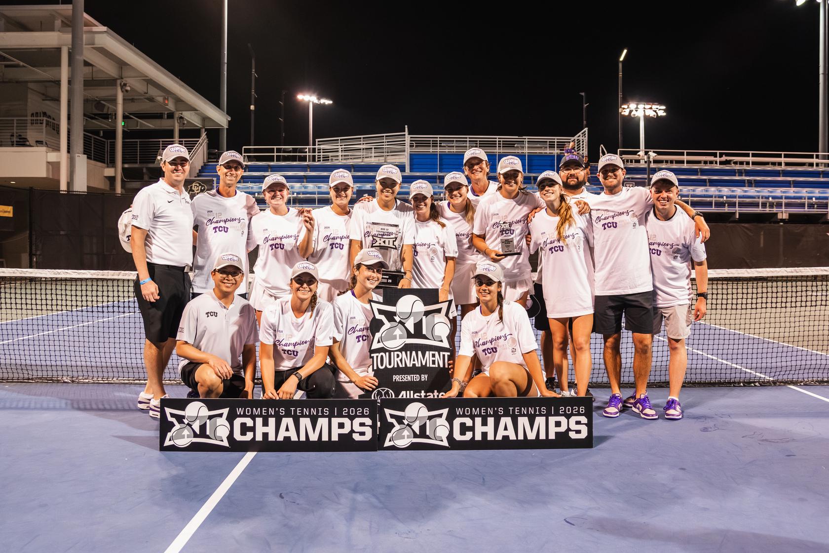 The 2026 Big 12 Conference Championship TCU Women's Tennis Team poses with the trophy