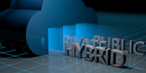Cloudfigur und 3D Hybrid Text als Symbol von Aufbau und Betrieb von Datacenter und hybriden Cloud-Infrastrukturen
